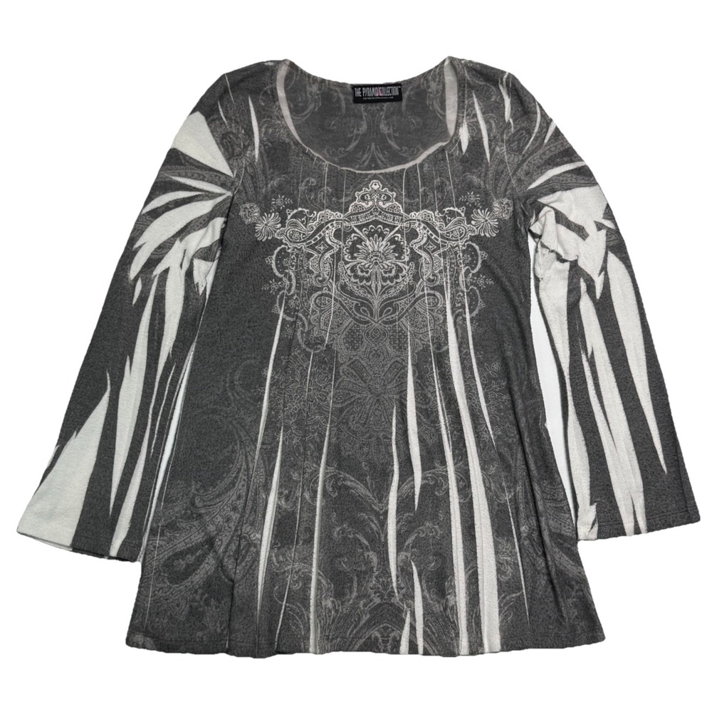 The Pyramid Collection Shirt Tunic Sweater Gray Artsy Print Pleated Flowy Sz S